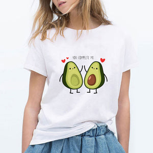 LUCKYROLL T Shirt Women YOU COMPLETE ME Avocado Tshirt 90s Short Sleeve Casual Retro T-shirt Female Summer Funny Hipster Top