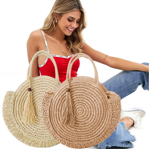 Summer Straw Beach Bag Handmade Round Women Shoulder Bags Raffia Circle Rattan Bags Bohemian Casual Woven Handbags