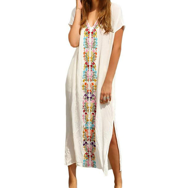 2018 Summer Women Beach Long Boho White V Neck Short Sleeve Embroidery Dress Placement Print Split Side Maxi Dress Vestidos